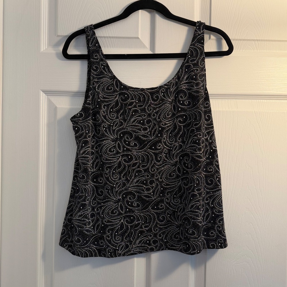 Alex Evenings Tank Top Black Silver Large Metallic Swirl Evening Party Wear